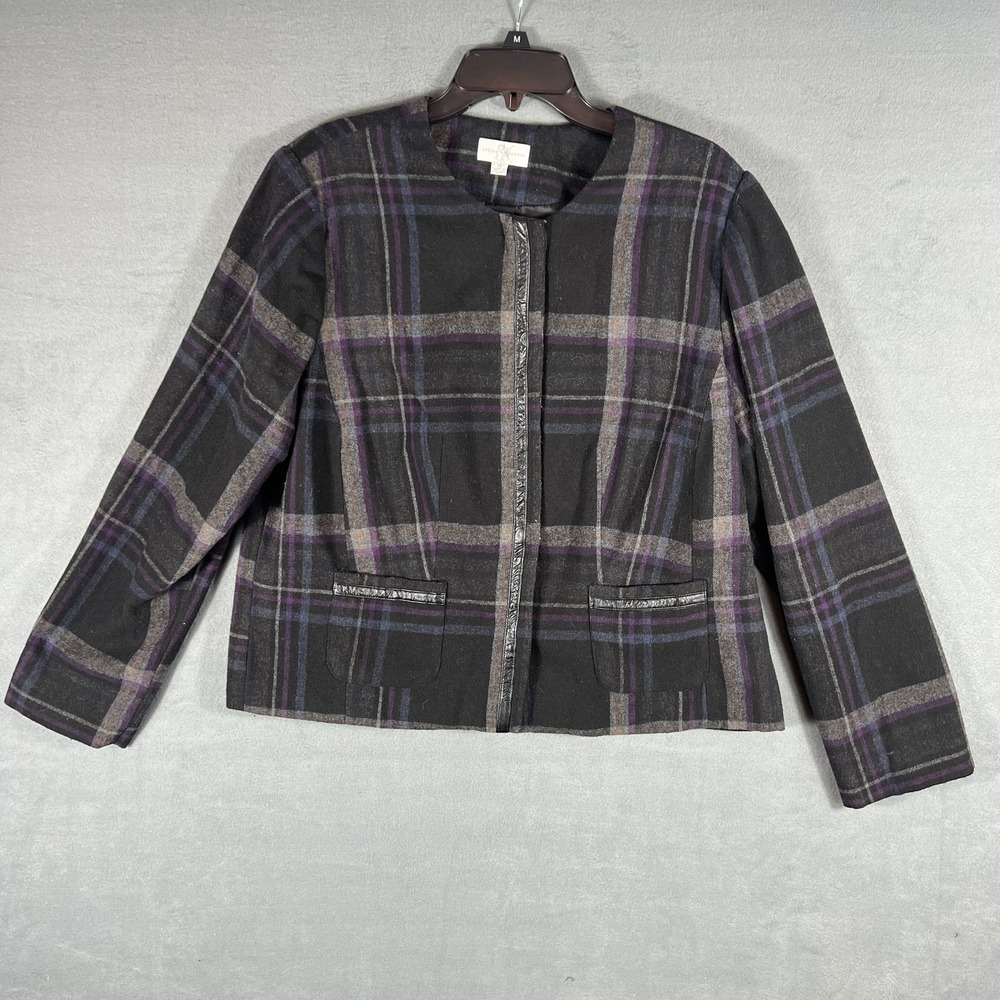 Studio Works Women's Size 16 Plaid Wool Blend Full Zip Jacket Blazer Black